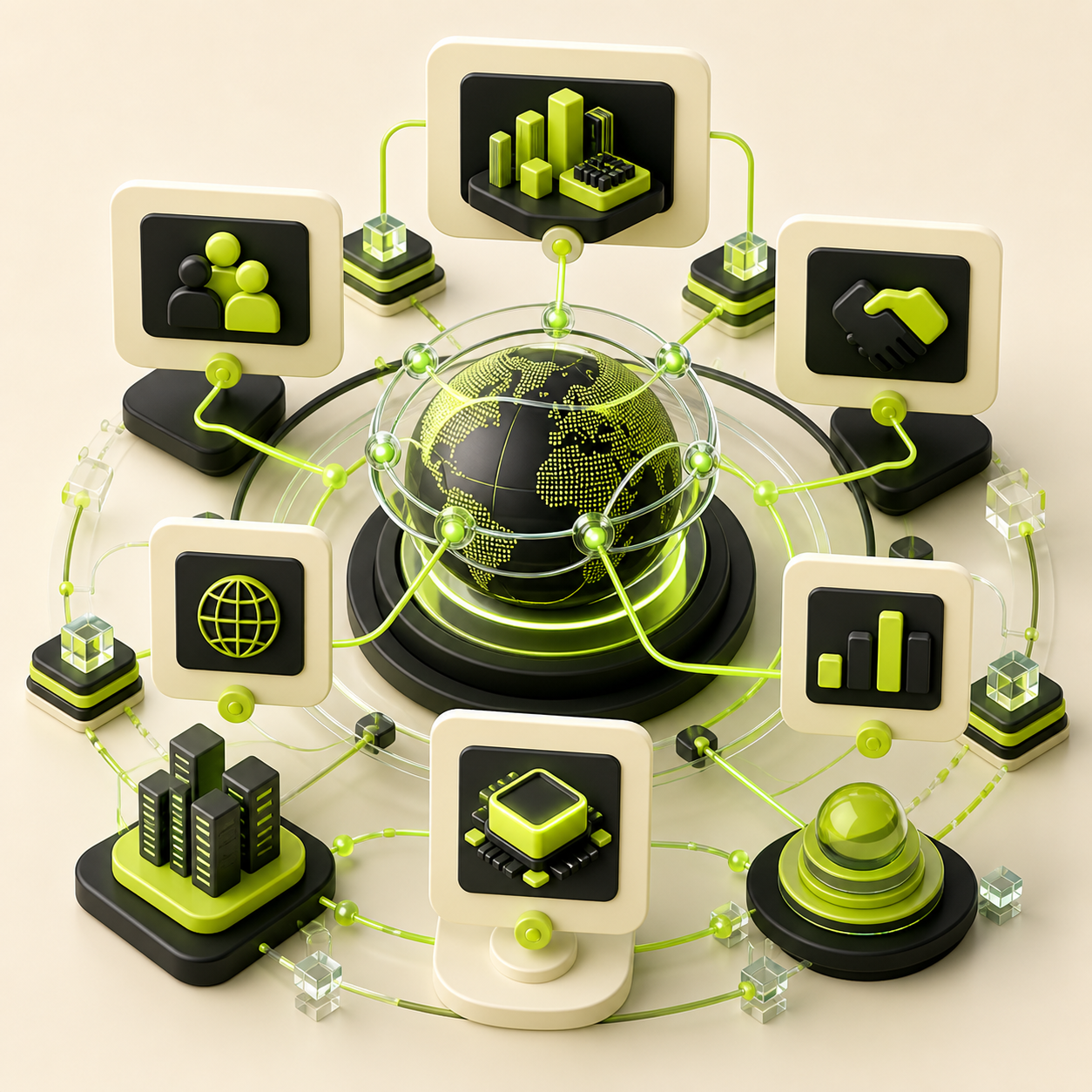 Abstract global network rings and connected platform cards