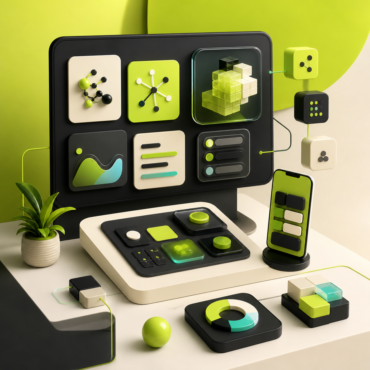 Abstract AI product sprint workspace with modular cards and dashboard blocks